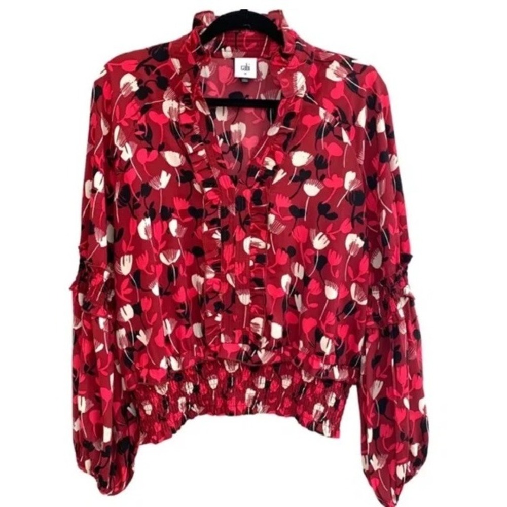Cabi Corsage Blouse Red Wine Floral Smocked Waist Top 5157 M